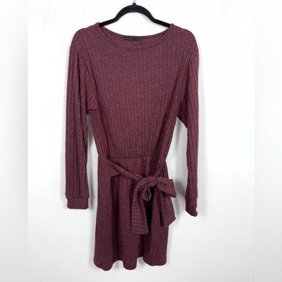 Fraiche By J Tie Front Long Sleeve Mini Sweater Dress In H.burgundy Size Large - Picture 5 of 11